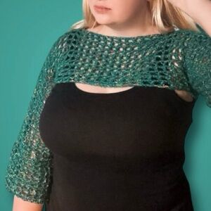 Handmade Crochet Speckled Green Mesh Shrug with 3/4 Sleeves
